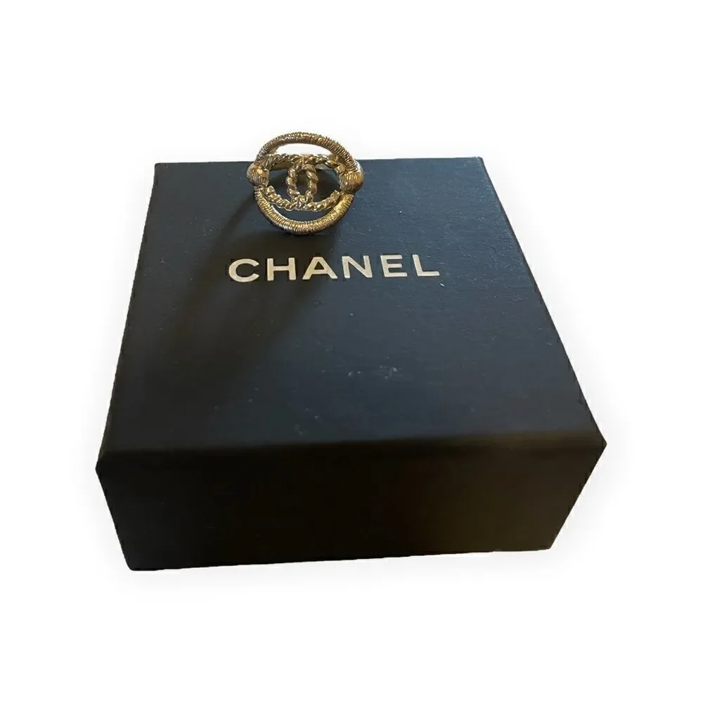 CHANEL CC Gold-Tone Cocktail Ring |Size: 6.5|
